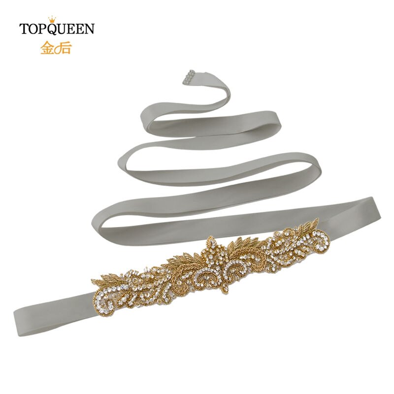 Topqueen  s375- g gull rhinestone midjebelte kvinner beaded bryllup belter india blonder brude sash belte gull belte for formell kjole: Grå