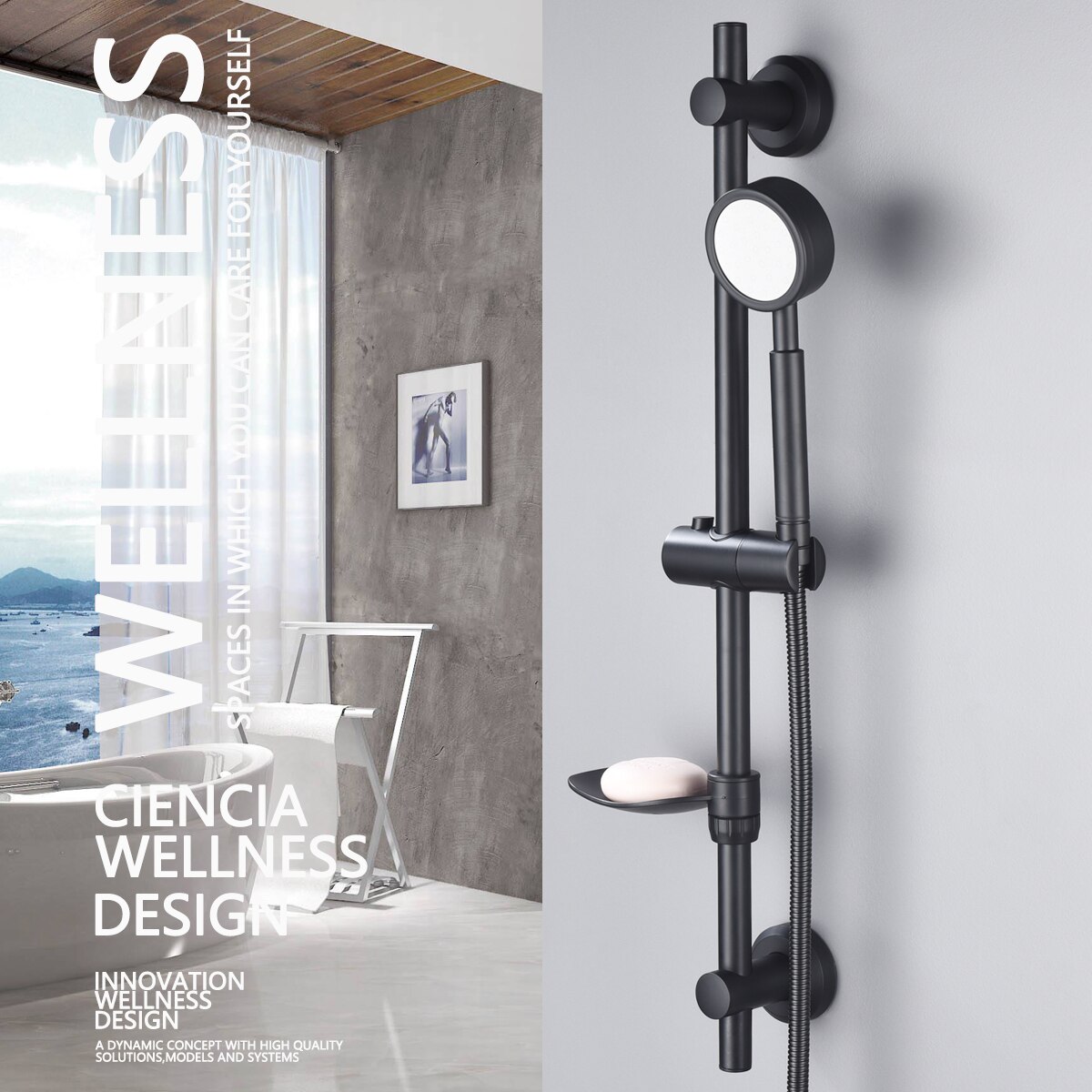 Stainless Steel Chrome Adhesive Sliding bar with Adjustable Height Hand Held Shower and Soap Dish For Bathroom