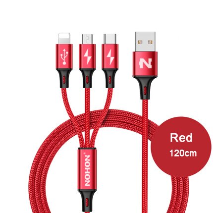 Nohon 3 in 1 8 pin type c micro nylon usb kabel til iphone 8 x 7 6 6s plus ios 10 9 8 samsung nokia usb hurtigopladning kabler ledning: 3- i -1 rød
