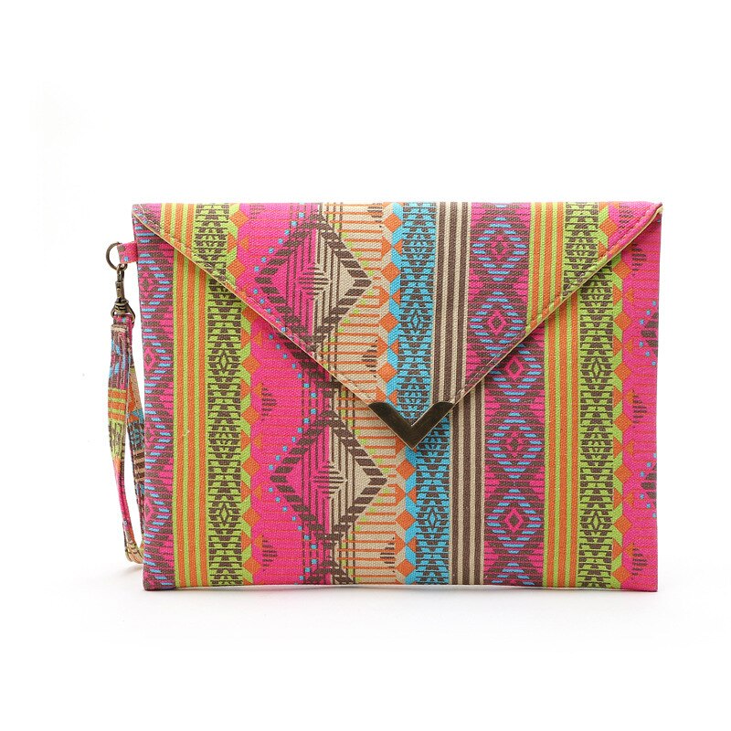 Moda Retro Mulheres Embreagem Saco Envelope Vento Étnico Padrão Geométrico Menina Sacos de Mão do Bolso Da Lona Sacola Saco Do Mensageiro IPad Rosa