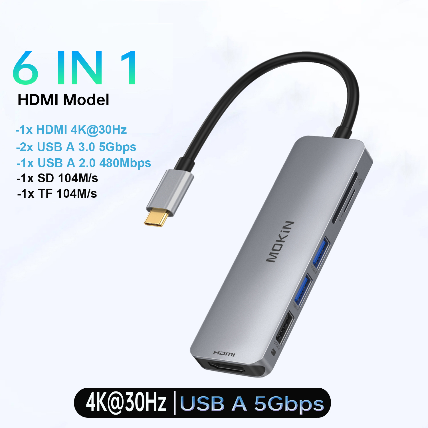 MOKiN USB C HUB 4K60Hz tipo C a HDMI PD 100W adaptador para Macbook iPad Pro M2 M1 accesorios de PC 3 USB3.0 5Gbps estación de acoplamiento: Marrón