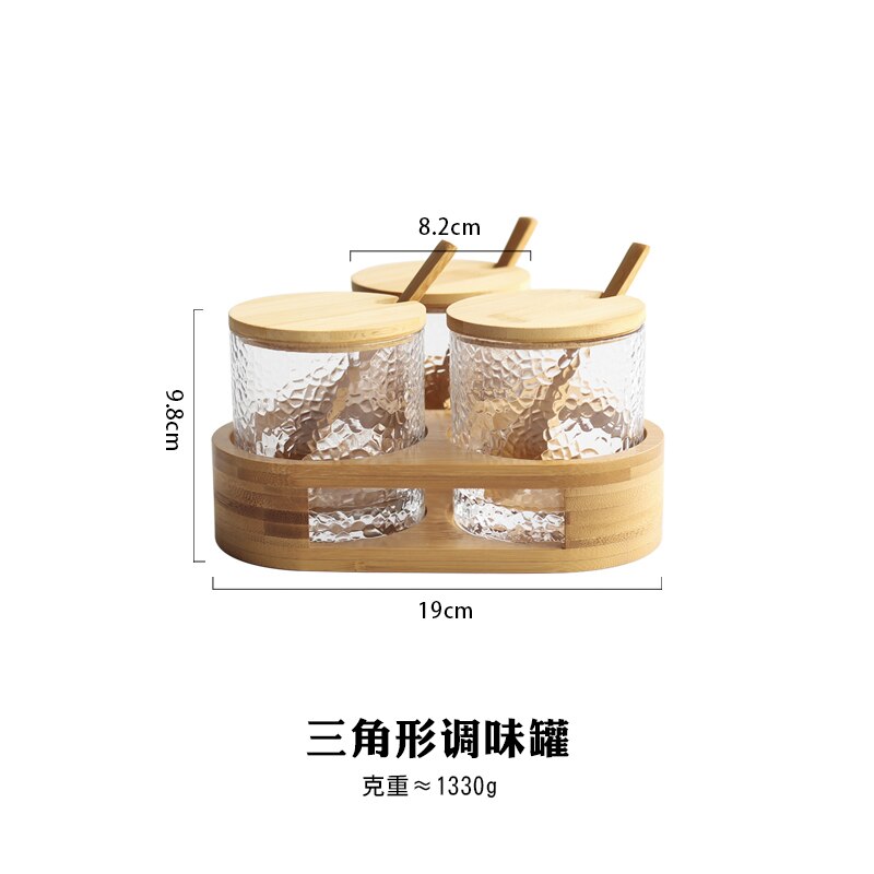 Japanese glass wood lid seasoning pot three piece seasoning box set sauce bottles sugar salt chili cans caster wooden shelf: Hammer triangle