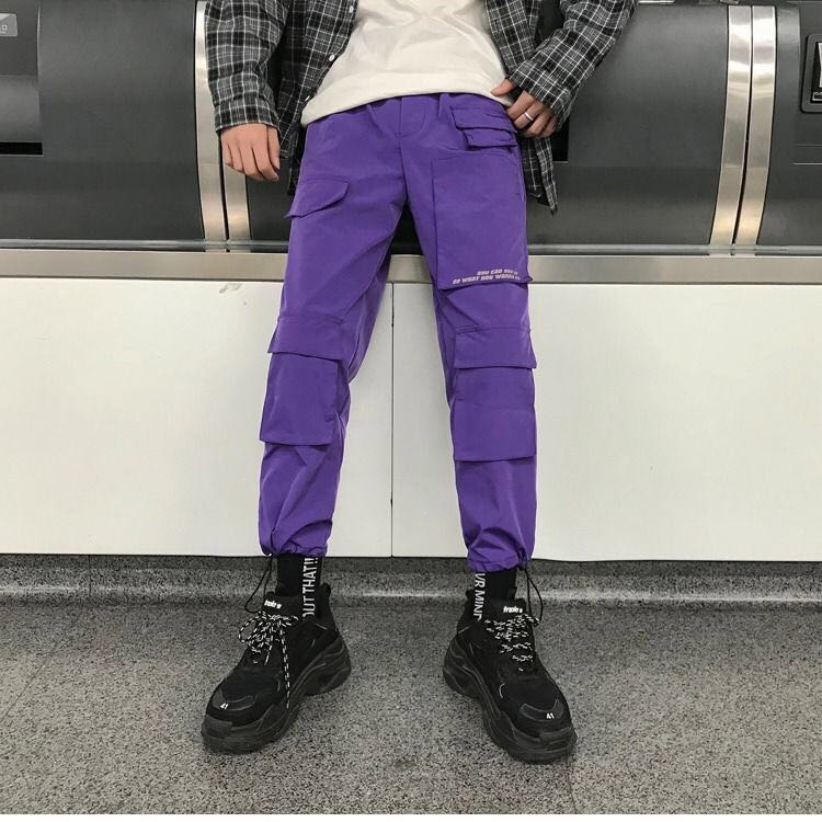Menn streetwear last bukser kjeledress herre posete hofte hopp jogger bukser lommer harem bukser lilla joggebukser koreansk