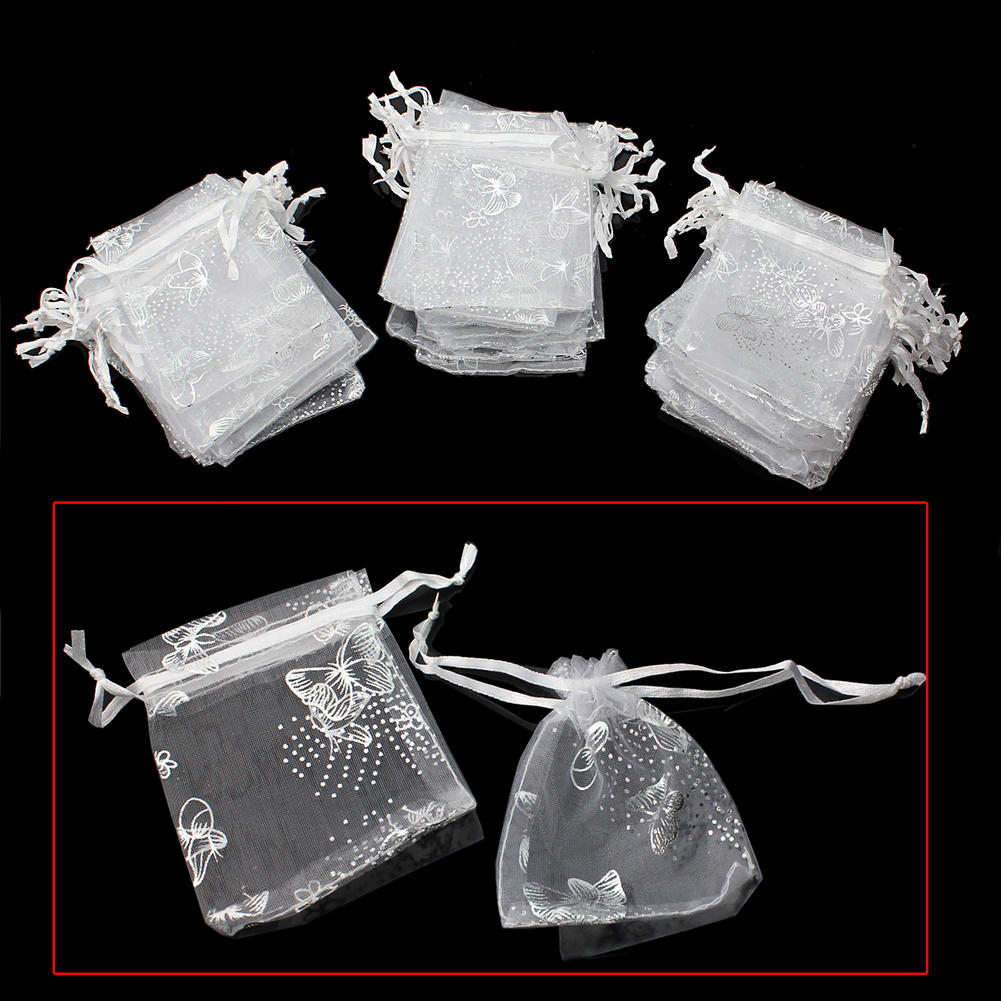 50 Stks/partij Kleine Witte Vlinder Organza Jewelry Candy Tassen Koord Verpakking Pouches Wedding Party Kerst Gunsten 7x8cm