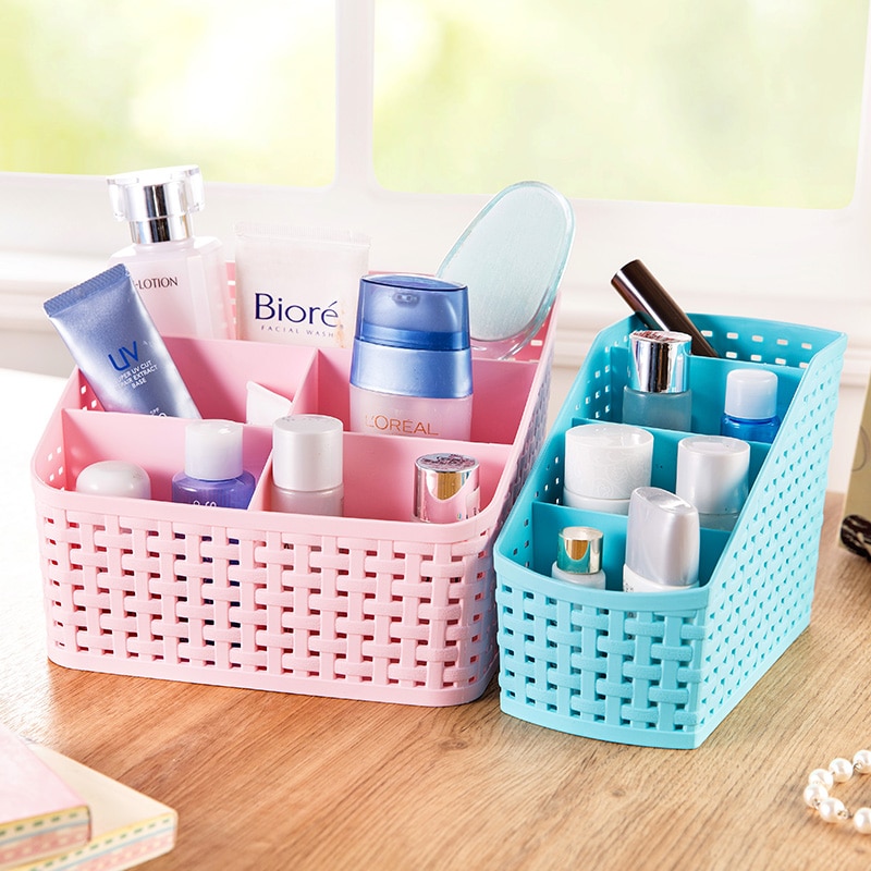 Office Stationery Holder, Four Compartment Plastic Rattan Plaited Desk Organizer Storage Holder for Office Desk