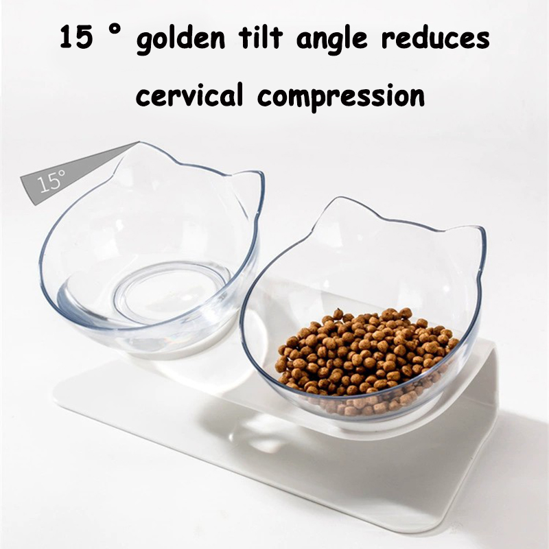 Double Cat Feeding Bowl PC Plastic Cat Shape 2 Cat feeder Container 15 Degree Tilted Pet Inclination Stand Cats Feeding Bowl