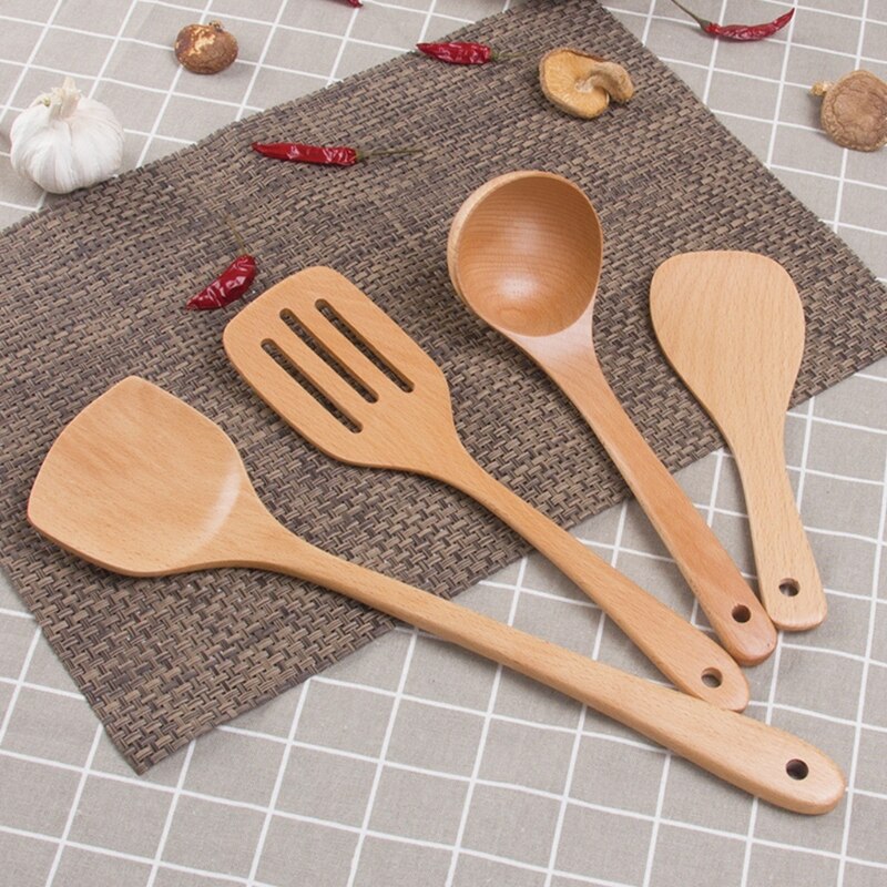 Utensilios de cocina de madera, juego de utensilios de cocina, cuchara de madera Natural, espátula, arroz, sopa, duraderos, sin costuras, antiadherente