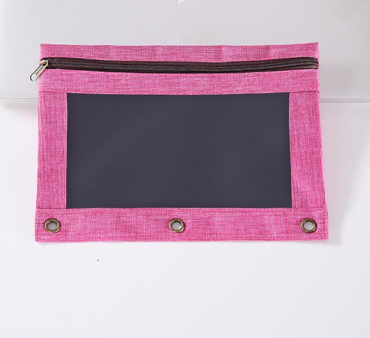 3 ringe bindemiddelpose med sort aftagelig lynlåsaftrækker, penalhus med dobbelt lomme og netvindue: Hot pink