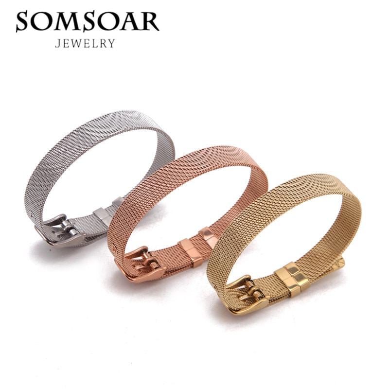 Somsoar smykker mesh stianless steel armbånd mesh sølvfarvede/guld/rosaguld armring pasform gør-det-selv skyde charms