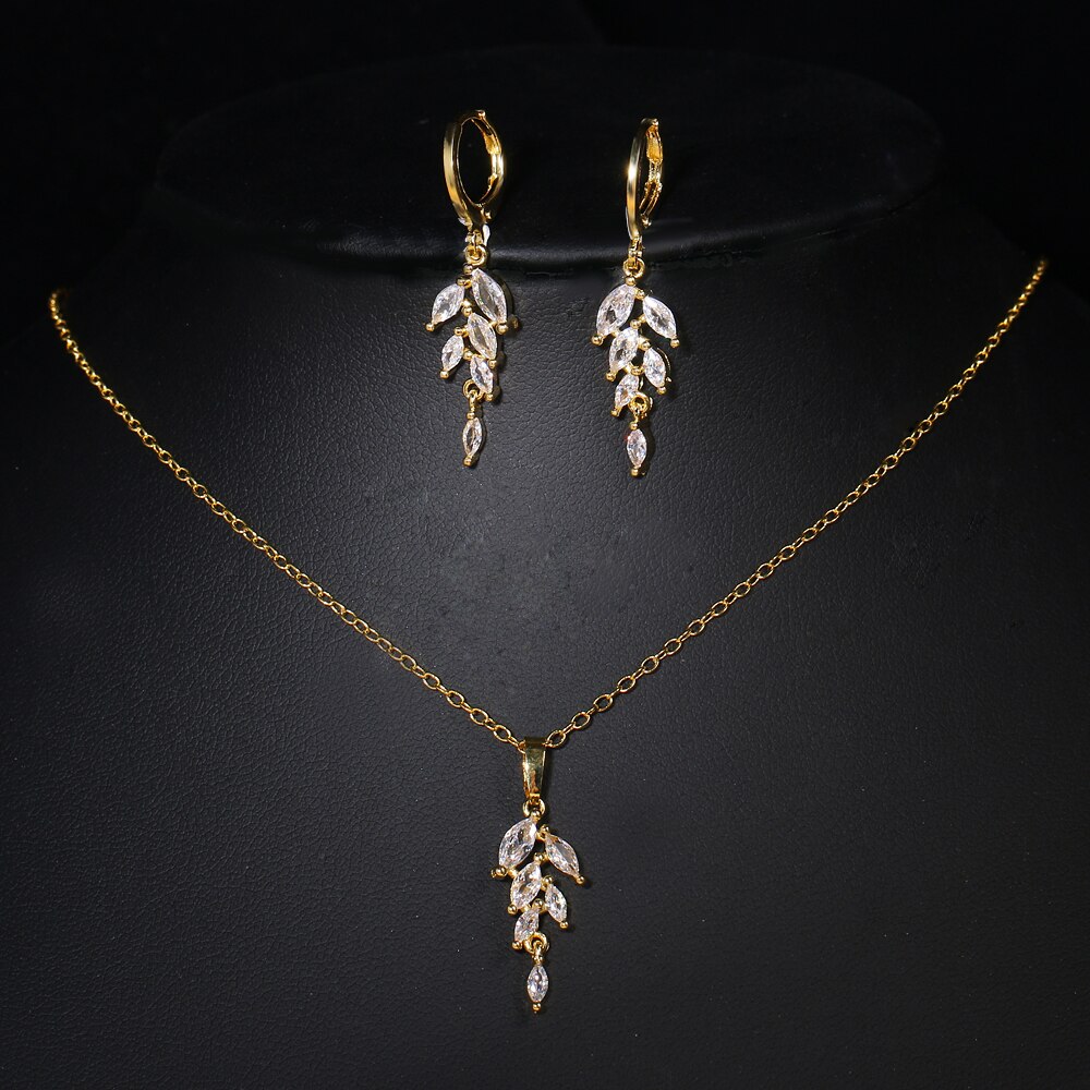 Zirconia Leaf Oorbellen Ketting Sets Voor Vrouwen Elegante Bruids Bruiloft Sieraden Set Huwelijksgeschenken: Yellow Gold