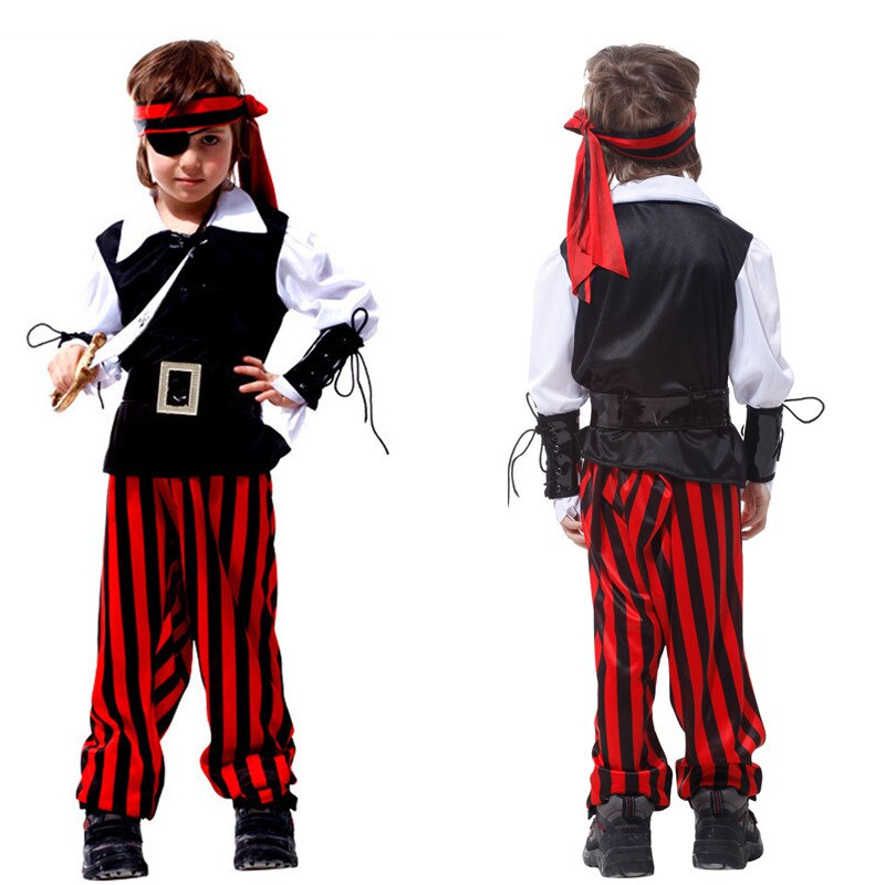 M-XL Boys Halloween Bandit Robber Costumes Kids Children One eye Pirate Cosplay Carnival Purim Stage Show Role play Party dress