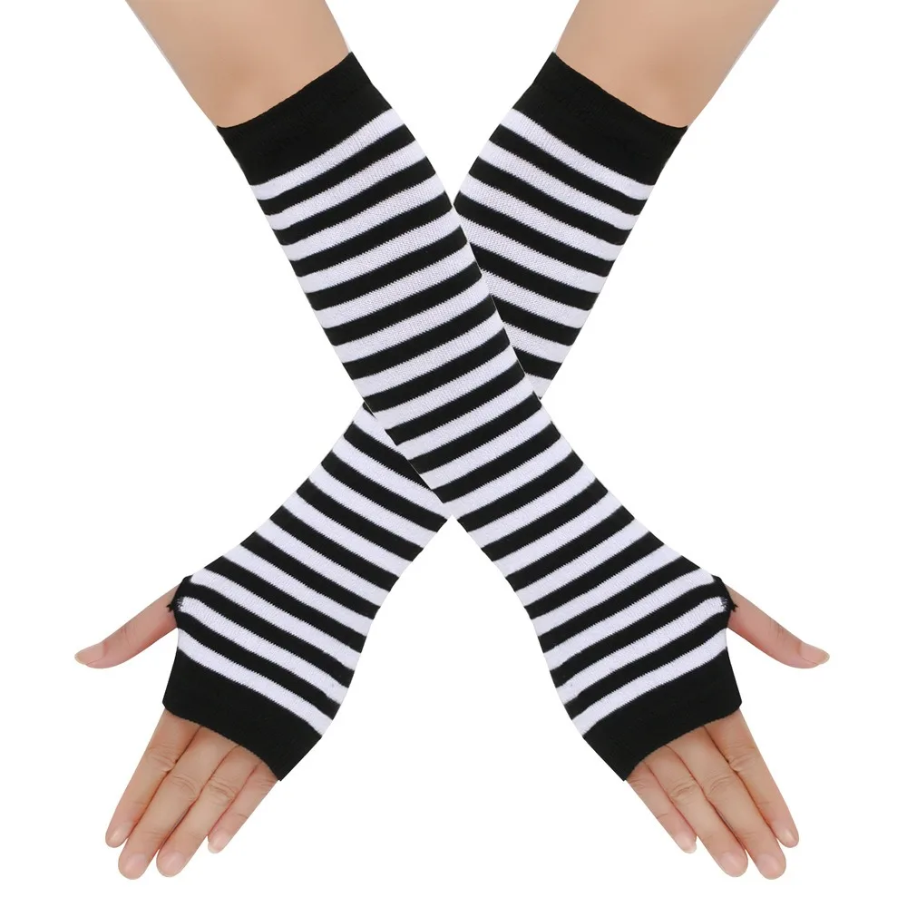 Frauen Emo Handschuhe Arm Hülse Wärmer Gestrickte Lange Fingerlose Handschuhe Fäustlinge Weihnachten Acces Gestreifte Ellenbogen Handschuhe: WHITE