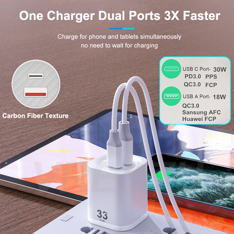 Usb  pd30w gan-oplader, snellader qc  pd 3.0 afc scp-voedingsadapter voor iphone, samsung, pps, tablet, draagbare wandlader met 2 poorten