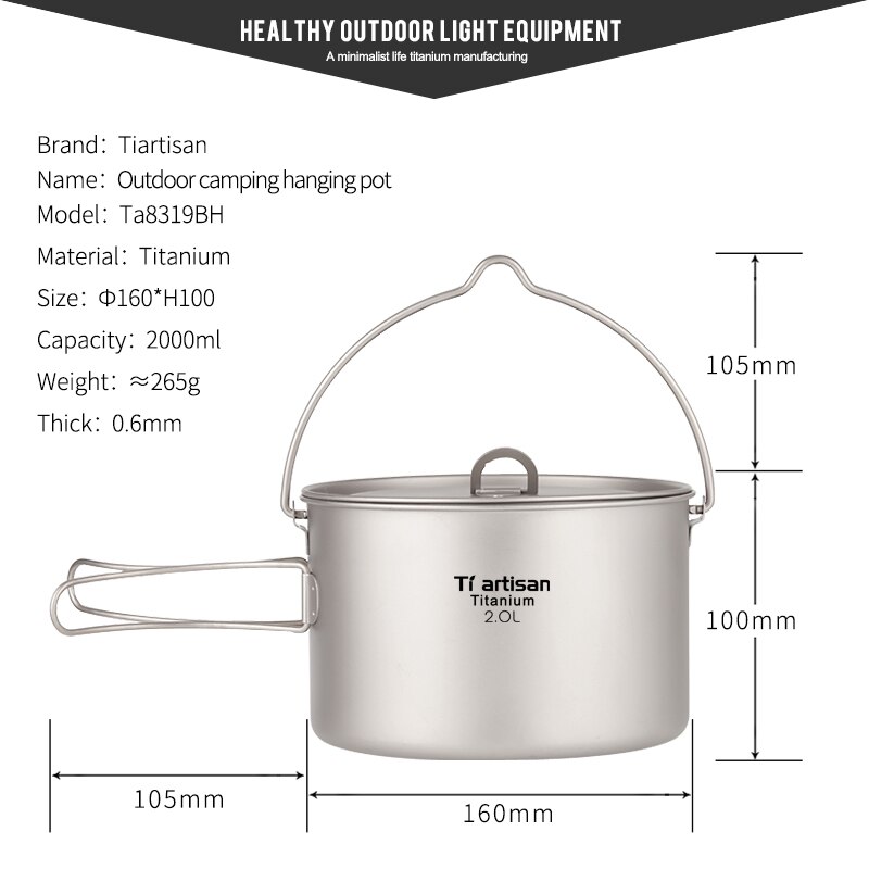 Tiartisan Grote Valume Titanium 2000Ml Kookgerei Pot Met Beugelhandgreep Voor Outdoor Camping Wandelen Backpacken Ta8319-BH: Default Title