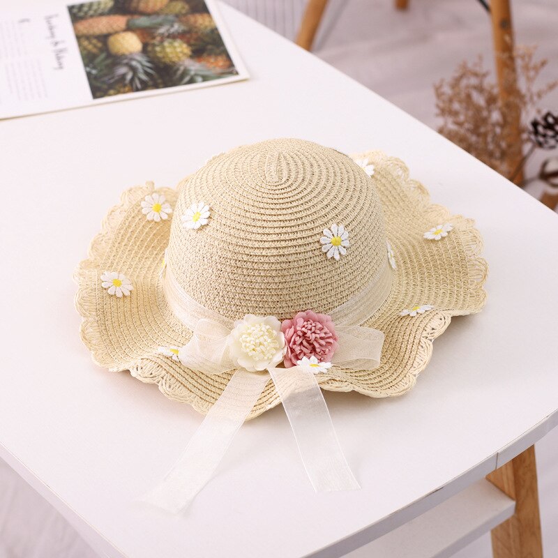 Sombreros bonitos de paja para niños, sombrero de punto con flores para verano, sombrero de Sol para niña, sombrero de ala grande de protección solar, sombrero de punto, sombrero de sol: 01