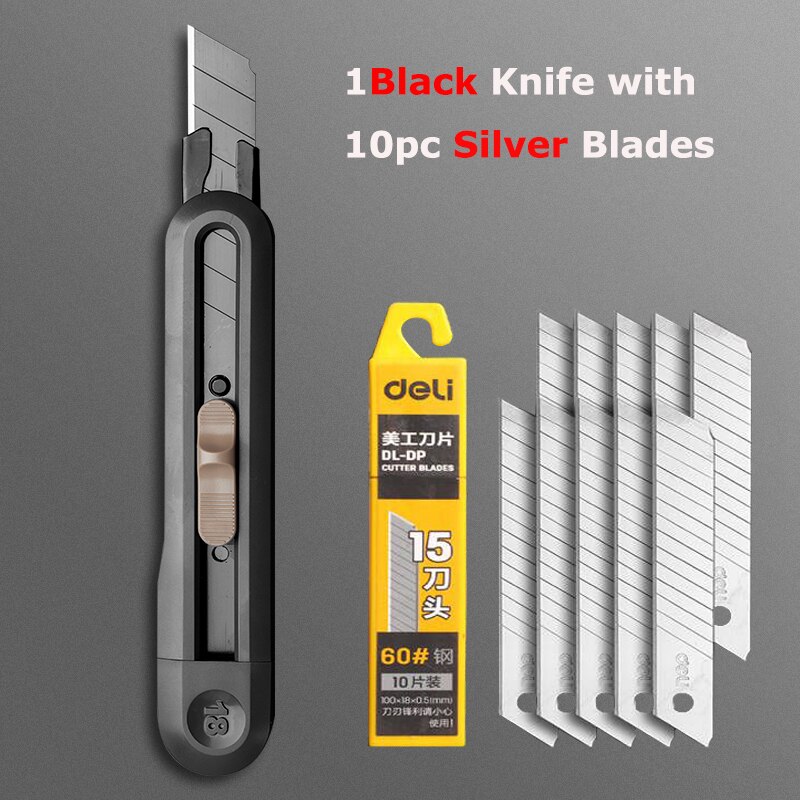 Deli Nusign Retractable Aluminum Utility Knife Box Cutter Metal Blades 18MM Self-Lock Paper нож School Office Stationery: 1Gray 10Silver Blade