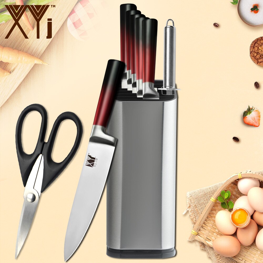 Xyj 9 stk rustfritt stål kniver sett kjøkken saks slipeverktøy bar kokk brød santoku skjæringe verktøy skrelle kniv