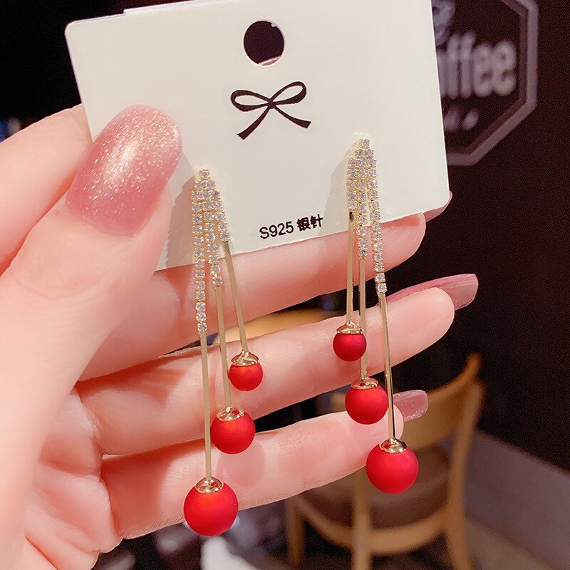 Trend Simulatie Pearl Lange Oorbellen Voor Vrouwen Geometrie Bruiloft Hanger Oorbellen Koreaanse Sieraden Goede Oorbellen: Tassels Pearl Red