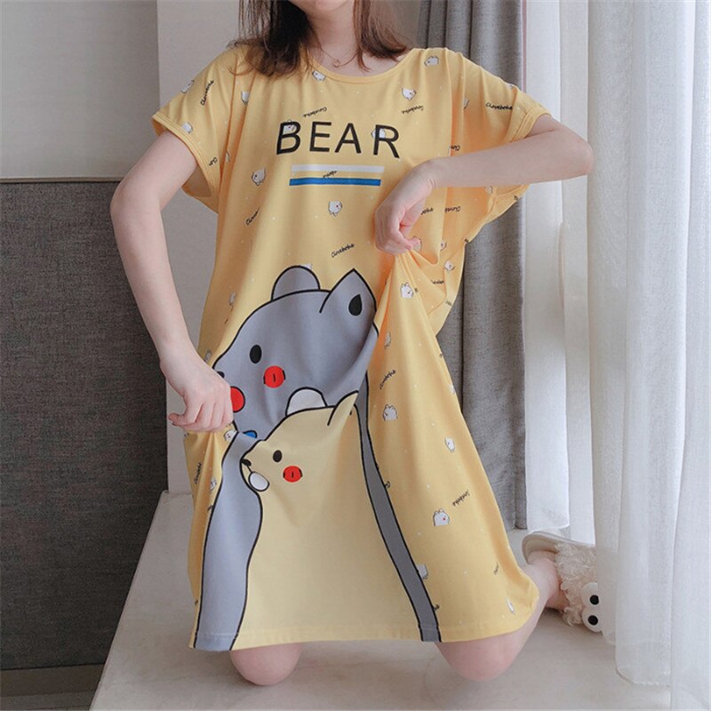 Women Nightdress Cartoon Female Loose Short Sleeve Sleepdress for Ladies Plus Size Summer Casual O-neck Homewear: Yellow