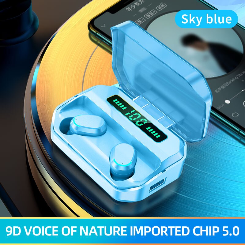 Bluetooth 5,0 Kopfhörer Drahtlose TWS in-Ohr Sport Ohrhörer 9D Stereo Bass Lärm die Ermäßigung Kopfhörer Mit 2200mah Ladung Kasten: Blau