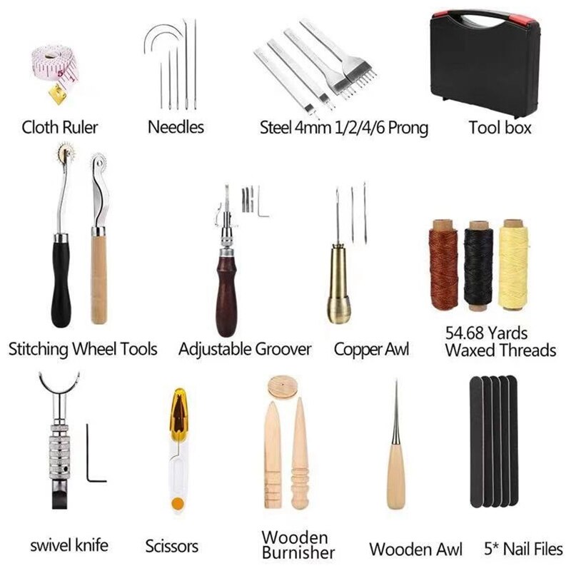 Leather Working Tools and Supplies with Tool Box Perfect for Stitching Punching Cutting Sewing Leather Craft Making