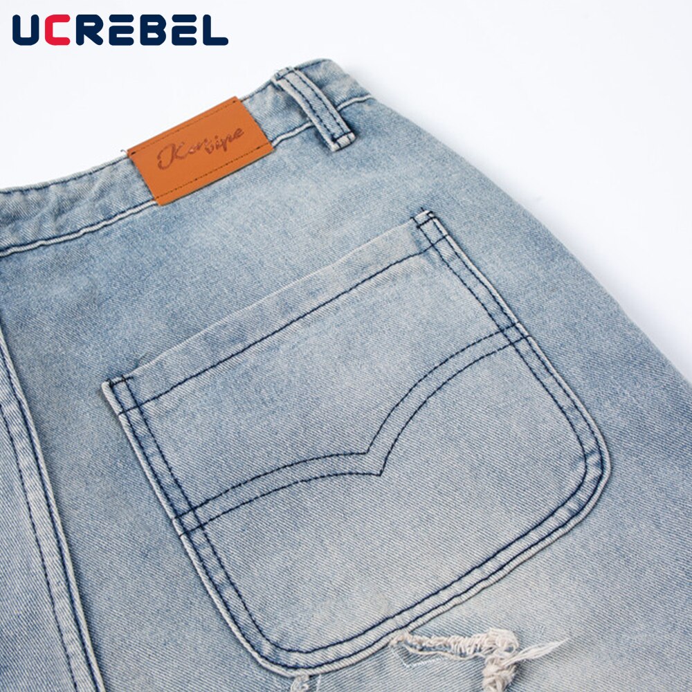 Star Patch Embroidery Denim Pants Mens High Street Flared Pants Streetwear Distressed Loose Casual Jeans Trousers Men