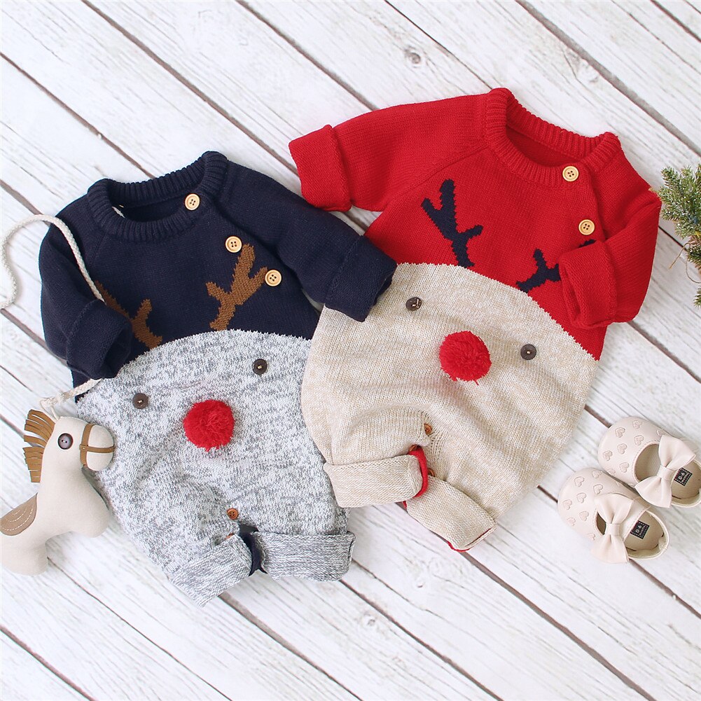 Xmas Newborn Baby Boys Girls Deer Knit pagliaccetto neonati inverno tutina pagliaccetti completi abbigliamento natalizio maglioni spessi pagliaccetti