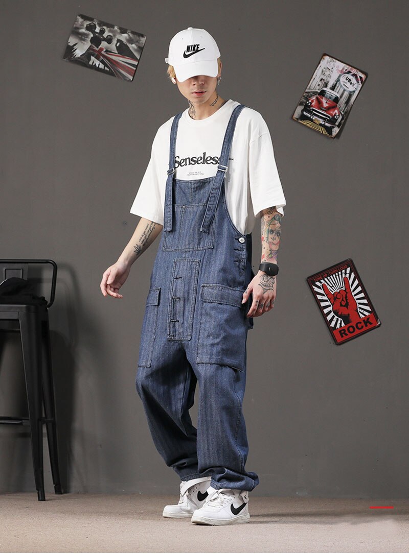 Spring Retro Overalls Men Bib Jumpsuits Trend Big Pocket Cotton Straight Loose Street Blue Hip Hop Wide Leg Pants Trousers: XXL 80 - 87.5 KG