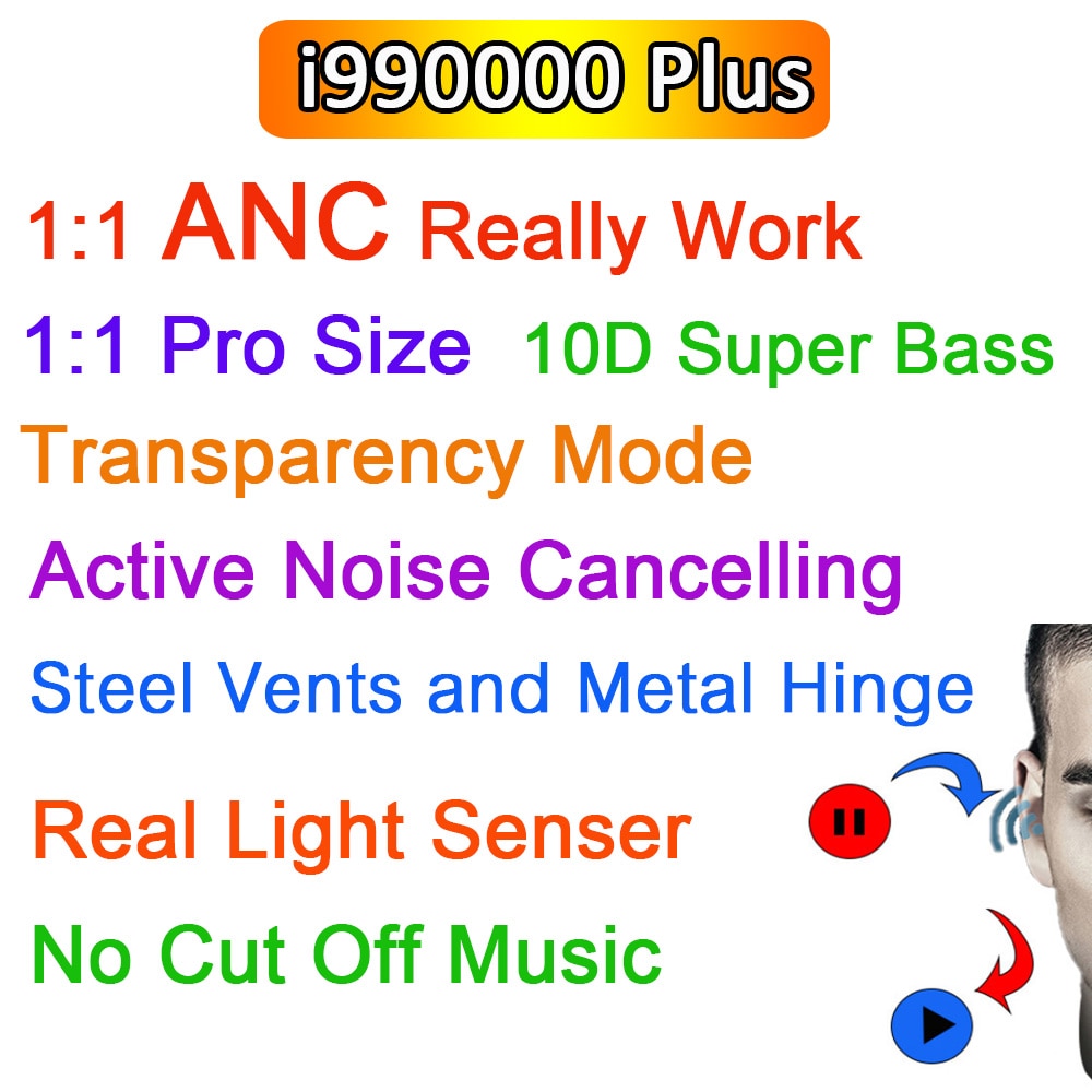 1:1 ANC i990000 Plus TWS Wirelesss Bluetooth Kopfhörer Noise cancelling & Transparenz Ohrhörer Super Bass PK i9000 i900000 Pro