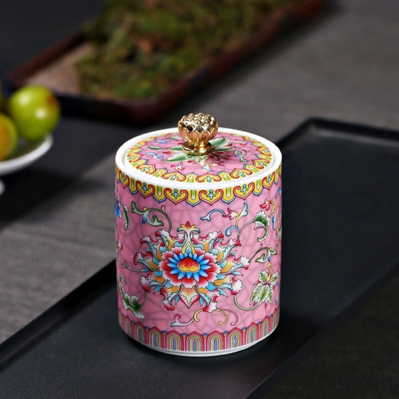 Ceramic Floral Pattern Tea Caddy Tea Box Enamel Sealed Storage Jar Tea Can Puer Container Teaware Home Decor: pink