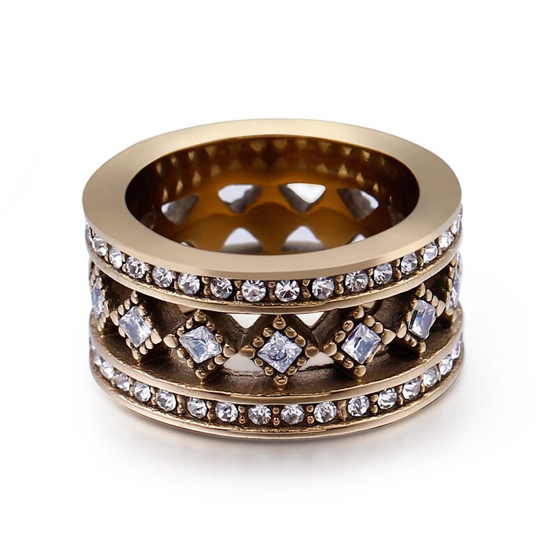 Edelstahl Jahrgang Gold Farbe Breiten Ring Stapeln CZ Steine Hochzeit Ring für Frauen Partei Schmuck 12mm