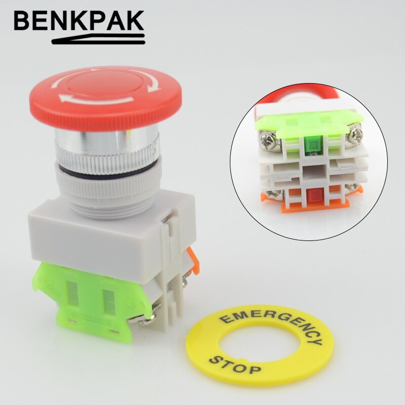 Interruptor de botón de parada de emergencia, bloqueo pulsador NO + NC, reinicio de giro, seta: 1NO 1NC