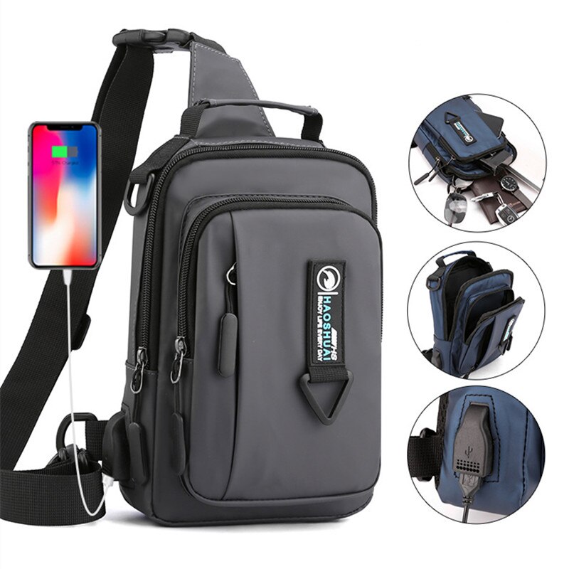 Male Shoulder Bag USB Charging Crossbody bags Men Anti Theft Messenger Bags Chest Bag Waterproof Nylon Men Black Bag Casual