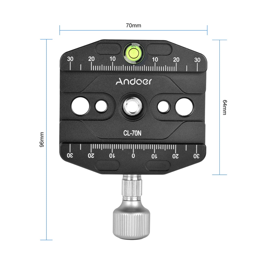 Andoer CL-70N Aluminium 70mm Quick Release QR Plate Klem 3/8-inch w/1/4-inch Adapter & Bubble Level voor Arca Swiss Benro