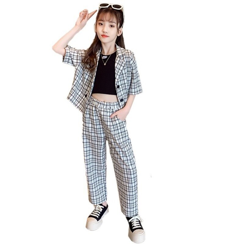 Summer Girls Suit 2022 Plaid Short Sleeve Blazer Vest Pants 3pcs Children's Clothing Set Casual School Teenage Kids Outfits