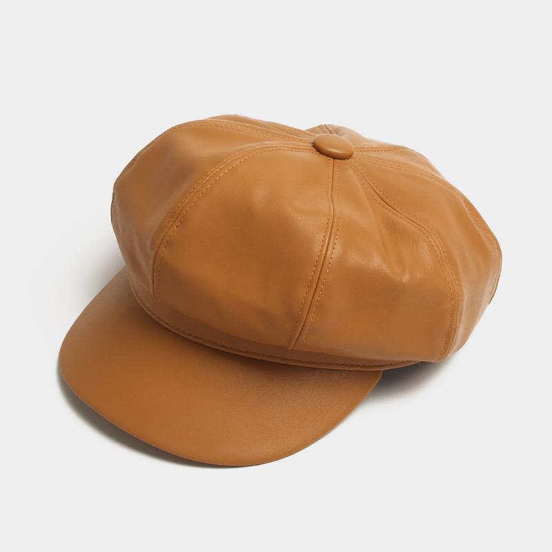 Gorro de cuero para mujer, gorro de otoño e invierno para hombre, boina para mujer, boina negra a la para mujer, boina clásica: Brown