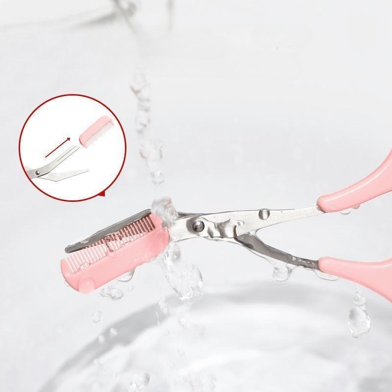 Pink eyebrow trimming scissors with built-in comb - stainless steel, precise grooming tool, creating perfect eyebrows