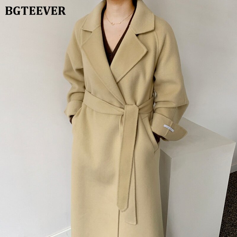BGTEEVER-abrigos de mezcla larga para mujer, abrigos gruesos de invierno, abrigos cálidos con cordones y cuello con muescas,