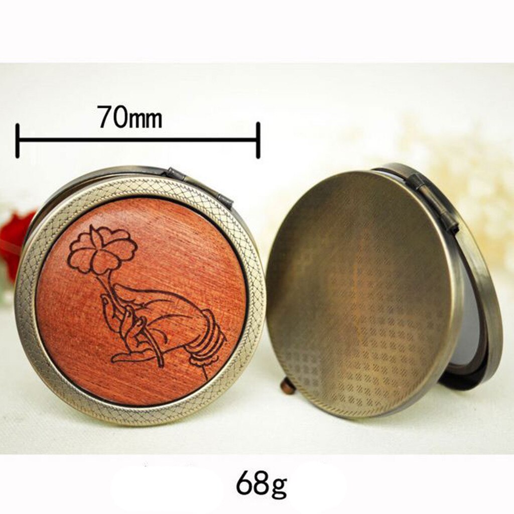 Wooden Retro Mini Mirror Metal Cartoon Printed Double-sided Folding Round Mirror
