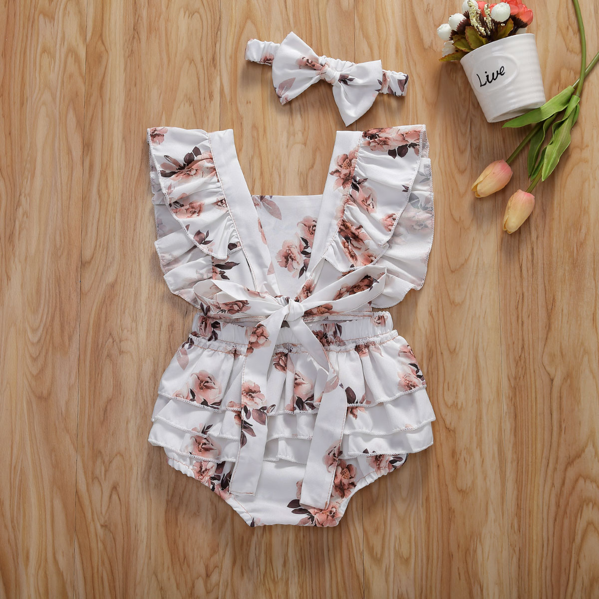 0-24M Zomer Peuter Kids Baby Meisjes Jongens Bodysuits Bloemen Print Ruches Korte Mouw Jumpsuits Hoofdband 2 Stuks