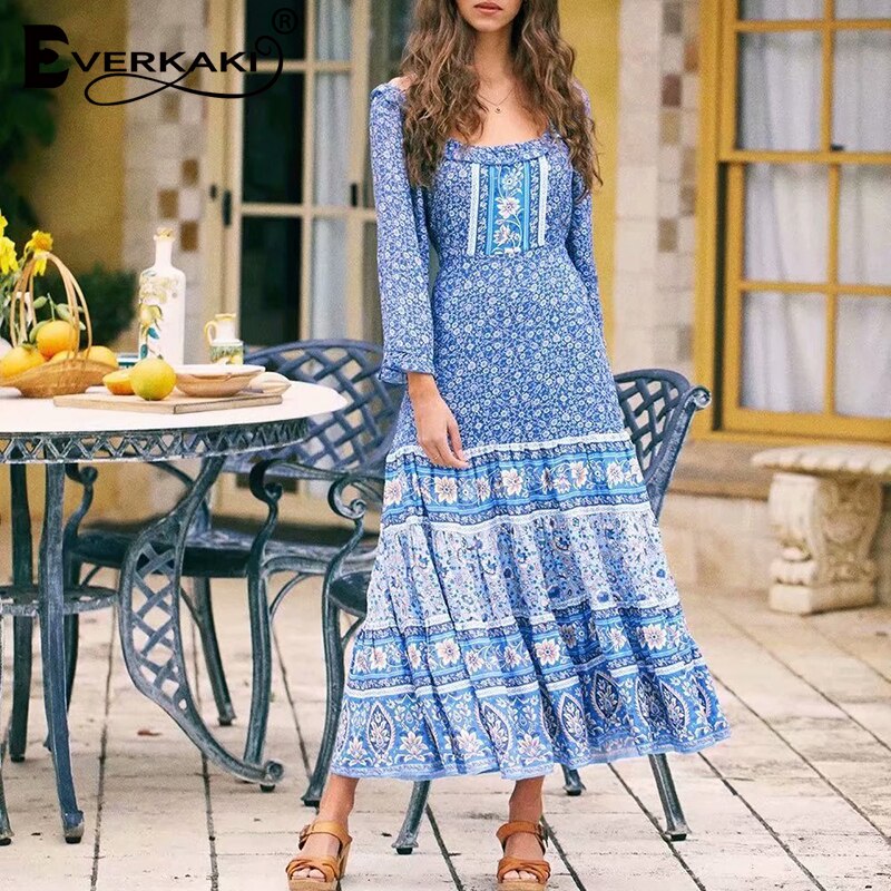 Everkaki Boho Bloemenprint Maxi Jurk Vrouwen Zomer Herfst Vestidos Met Sjerpen Dames Jurken Vrouwelijke