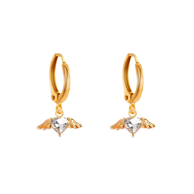 Flatfoosie Mode Bling Hart Crystal Oorbellen Voor Vrouwen Goud Kleur Alloy Wing Earring Sieraden Party: 143805W