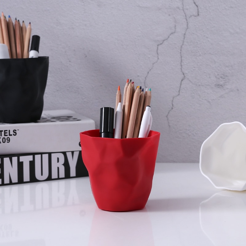 Porte-stylos en plastique plissé de forme irrégulière, boîte à mémo multifonction, papeterie de bureau, organisateur poubelle de voiture