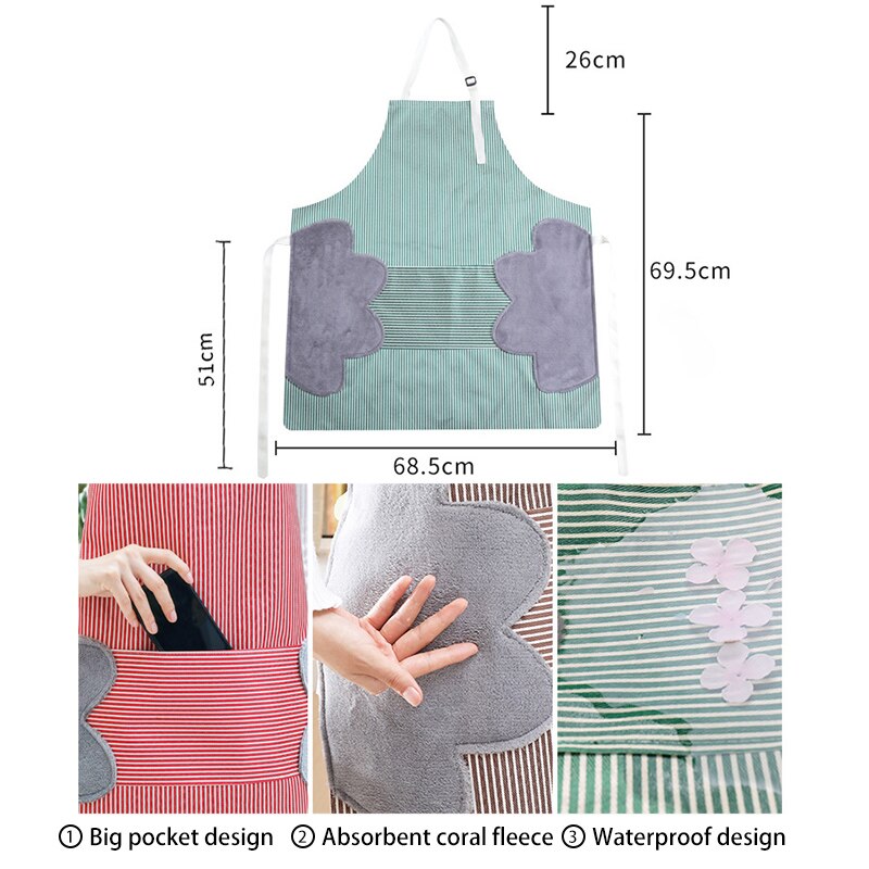 Delantal de cocina tela de lana de Coral borrable a mano y tela Oxford impermeable babero de estilo japonés a rayas para la limpieza del hogar