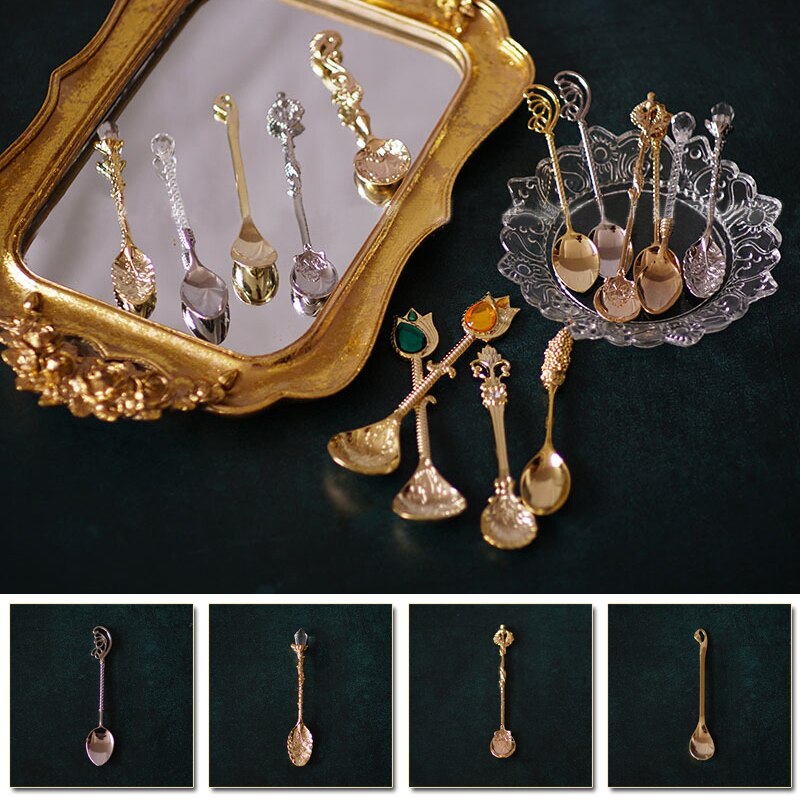 Retro Coffee Spoon Sugar Tea Dessert Cake Spoons Carved Ice Cream Teaspoon Alloy Teaspoon Cutlery Accessories Kitchen Tool