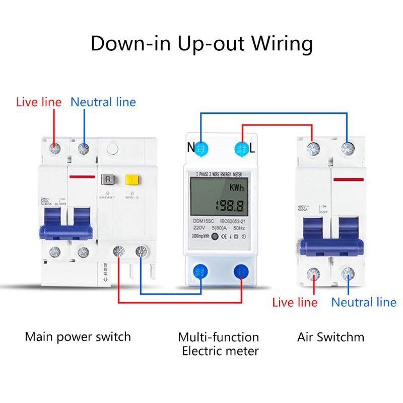 Digital energimåler 1 fase 2 ledninger 5(80) en din skinne elektronisk energi kwh meter