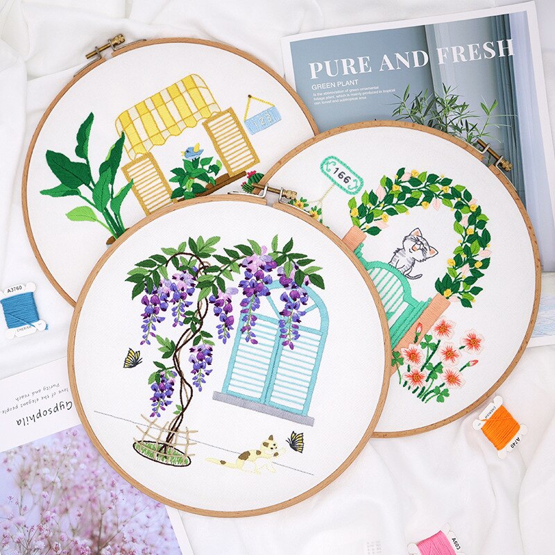 Kit de broderie de fleurs de lierre violet, bricolage, couture, motif de plante domestique, aiguille pour débutant, point de croix, artisanat (withop)