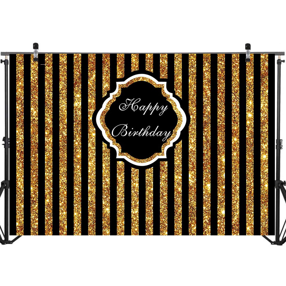 NeoBack Happy Birthday Backdrop Black and Golden Stripe Birthday Photo Background Custom Wording Vinyl Photography Backdrops