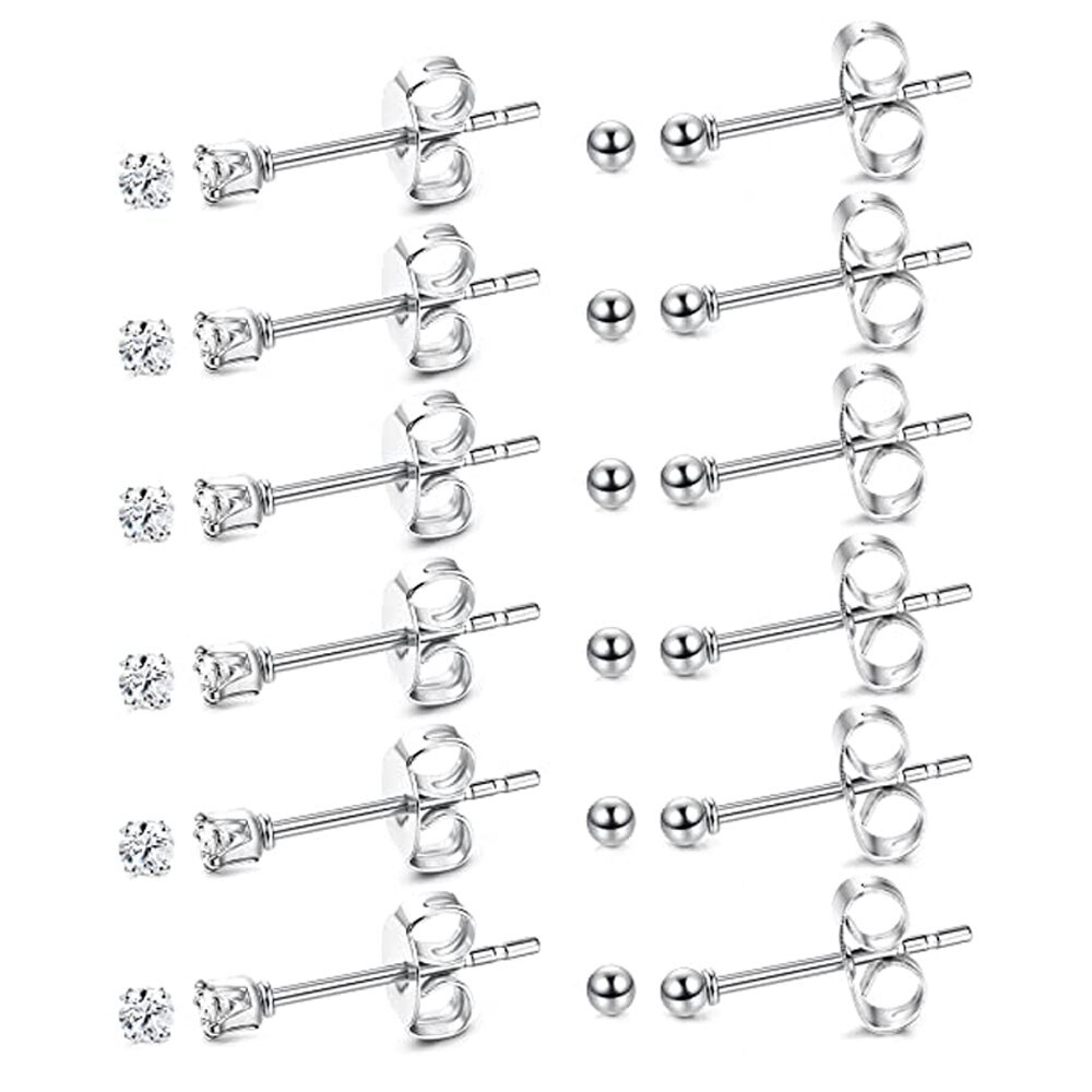 6 pares de aretes pequeños de acero inoxidable de 2 mm para hombre y mujer, aretes de bola redonda CZ, conjunto de: Pistola negra plateada