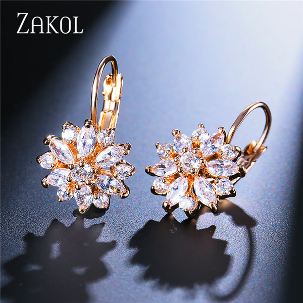 ZAKOL Fashion Rose Gold Color Flower Hoop Earrings dla kobiet CZ Crystal Zircon Earring Brincos: W kolorze jasnożółtym, złotym